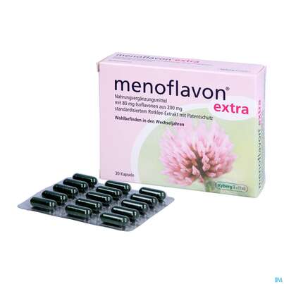 Sie sehen eine Packung Menoflavon Kapseln Extra -kyberg 30st, Produktbild: 04 Menoflavon Kapseln Extra -kyberg 30st, A-Nr.: 3407618 - 04
