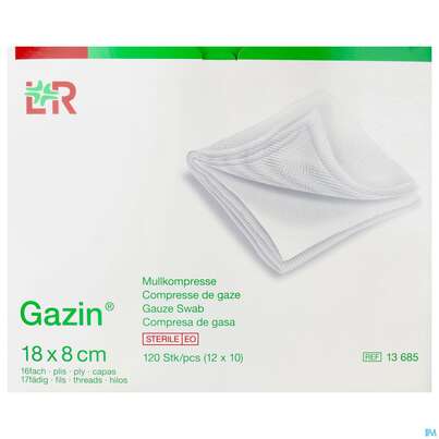 Sie sehen eine Packung Mullkompressen Gazin Baumw.17faedig Steril 16fach 18x 8cm 12x10 120st, Produktbild: 01 Mullkompressen Gazin Baumw.17faedig Steril 16fach 18x 8cm 12x10 120st, A-Nr.: 2384909 - 01