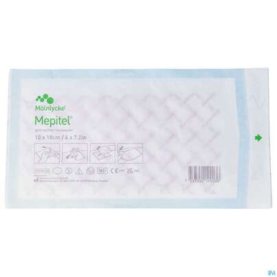 Sie sehen eine Packung Netzauflagen Mepitel Silikon Steril 10x18cm 1st, Produktbild: 01 Netzauflagen Mepitel Silikon Steril 10x18cm 1st, A-Nr.: 2302691 - 01