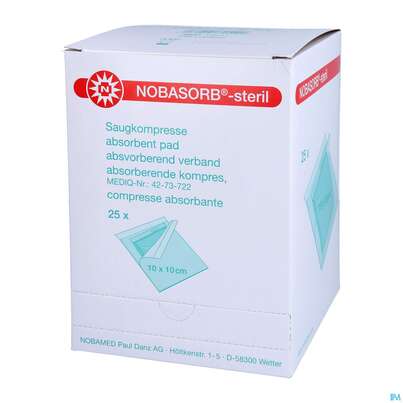 Sie sehen eine Packung Nobasorb Wundkompresse Steril 10x10cm 25st, Produktbild: 02 Nobasorb Wundkompresse Steril 10x10cm 25st, A-Nr.: 5478195 - 02