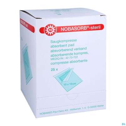 Sie sehen eine Packung Nobasorb Wundkompresse Steril 10x10cm 25st, Produktbild: 03 Nobasorb Wundkompresse Steril 10x10cm 25st, A-Nr.: 5478195 - 03