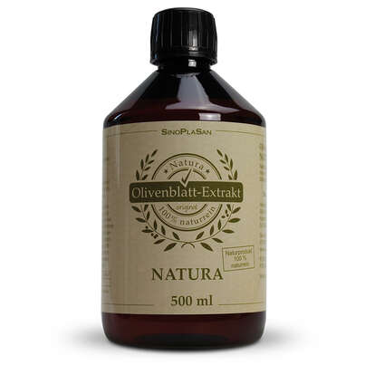 Sie sehen eine Packung Olivenblattextrakt NATURA 100% 500 ml, Produktbild: 01 Olivenblattextrakt NATURA 100% 500 ml, A-Nr.: 4242042 - 01