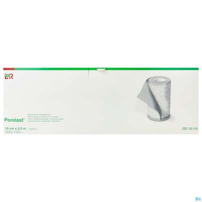 Sie sehen eine Packung Pflasterbinden Porelast Laengselast.ungedehnt 2,5mx 10cm 10st, Produktbild: 01 Pflasterbinden Porelast Laengselast.ungedehnt 2,5mx 10cm 10st, A-Nr.: 1855005 - 01