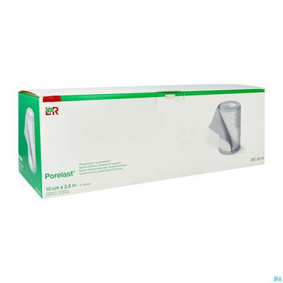 Sie sehen eine Packung Pflasterbinden Porelast Laengselast.ungedehnt 2,5mx 10cm 10st, Produktbild: 02 Pflasterbinden Porelast Laengselast.ungedehnt 2,5mx 10cm 10st, A-Nr.: 1855005 - 02