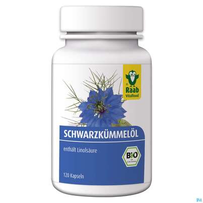 Sie sehen eine Packung Raab Bio Schwarzkümmelöl Kapseln 120 Kapseln, Produktbild: 01 Raab Bio Schwarzkümmelöl Kapseln 120 Kapseln, A-Nr.: 4367016 - 01