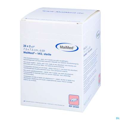 Sie sehen eine Packung Schlitzkompressen Maimed/ 6f Steril 7,5x 7,5cm 2x25 25360 50st, Produktbild: 02 Schlitzkompressen Maimed/ 6f Steril 7,5x 7,5cm 2x25 25360 50st, A-Nr.: 4378907 - 02