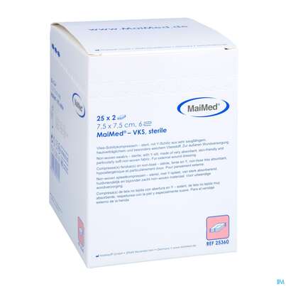 Sie sehen eine Packung Schlitzkompressen Maimed/ 6f Steril 7,5x 7,5cm 2x25 25360 50st, Produktbild: 03 Schlitzkompressen Maimed/ 6f Steril 7,5x 7,5cm 2x25 25360 50st, A-Nr.: 4378907 - 03