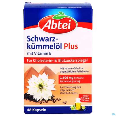 Sie sehen eine Packung Schwarzkuemmeloel Kapseln Abtei 50000 48st, Produktbild: 01 Schwarzkuemmeloel Kapseln Abtei 50000 48st, A-Nr.: 5331888 - 01