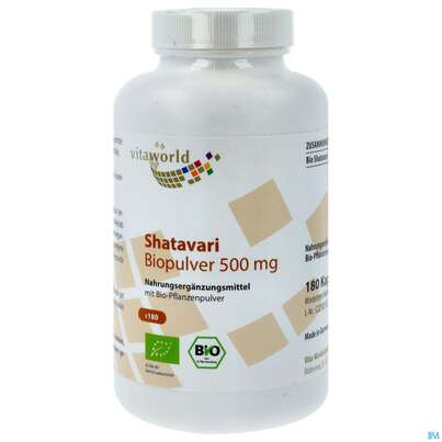 Sie sehen eine Packung Shatavari Kapseln 500mg Bio Indischer Spargel Vita World 180st, Produktbild: 01 Shatavari Kapseln 500mg Bio Indischer Spargel Vita World 180st, A-Nr.: 5608924 - 01