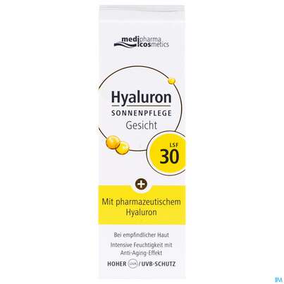 Sie sehen eine Packung Sonnenprodukte Hyaluron Sonnenpflege Gesicht Lsf30 50ml, Produktbild: 01 Sonnenprodukte Hyaluron Sonnenpflege Gesicht Lsf30 50ml, A-Nr.: 4624269 - 01