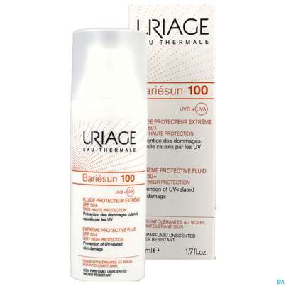 Sie sehen eine Packung Sonnenprodukte Uriage/bariesun Schutz-fluid Extrem 100 Spf50+ 50ml, Produktbild: 12 Sonnenprodukte Uriage/bariesun Schutz-fluid Extrem 100 Spf50+ 50ml, A-Nr.: 5617900 - 12