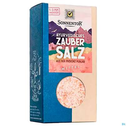 Sie sehen eine Packung Sonnentor Ayurvedisches Salz Fuer Muehle 3mm 00714 150g, Produktbild: 01 Sonnentor Ayurvedisches Salz Fuer Muehle 3mm 00714 150g, A-Nr.: 3390993 - 01