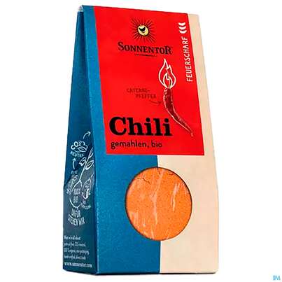 Sie sehen eine Packung Sonnentor Bio Chili Feuerscharf Gemahlen 00781 40g, Produktbild: 01 Sonnentor Bio Chili Feuerscharf Gemahlen 00781 40g, A-Nr.: 4149940 - 01