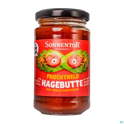 Sie sehen eine Packung Sonnentor Fruchtheld Aufstrich Bio Hagebutte 01021 250g, Produktbild: 01 Sonnentor Fruchtheld Aufstrich Bio Hagebutte 01021 250g, A-Nr.: 5637110 - 01