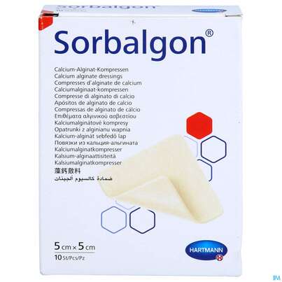 Sie sehen eine Packung Sorbalgon Classic Steril 5x 5cm 10st, Produktbild: 01 Sorbalgon Classic Steril 5x 5cm 10st, A-Nr.: 1118034 - 01