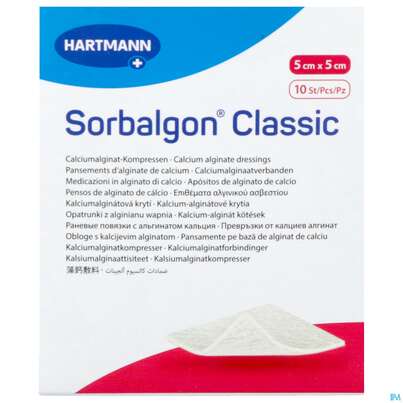 Sie sehen eine Packung Sorbalgon Classic Steril 5x 5cm 10st, Produktbild: 02 Sorbalgon Classic Steril 5x 5cm 10st, A-Nr.: 1118034 - 02