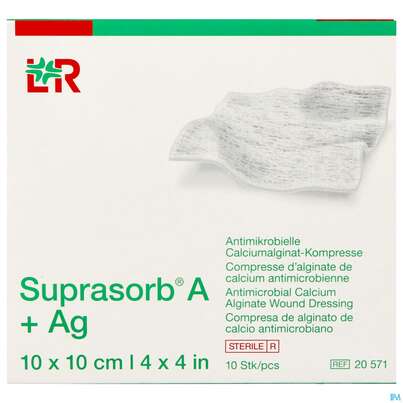 Sie sehen eine Packung Suprasorb/steril A+ag Antimikrob.calcium-alginat Kompresse 10x 10cm 10st, Produktbild: 01 Suprasorb/steril A+ag Antimikrob.calcium-alginat Kompresse 10x 10cm 10st, A-Nr.: 3070366 - 01