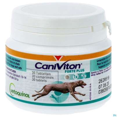 Sie sehen eine Packung Veterinaerprodukte Caniviton Forte Plus Tabl 30st, Produktbild: 01 Veterinaerprodukte Caniviton Forte Plus Tabl 30st, A-Nr.: 3664545 - 01