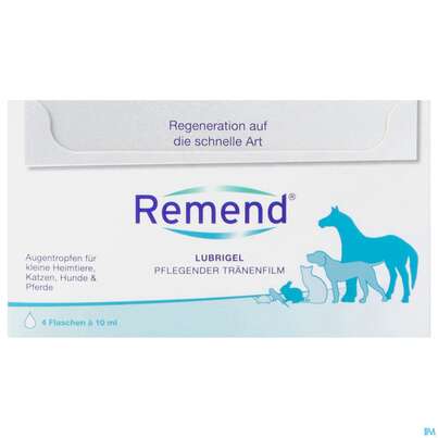 Sie sehen eine Packung Veterinaerprodukte Remend/lubrigel Tropfen 10ml 4st, Produktbild: 01 Veterinaerprodukte Remend/lubrigel Tropfen 10ml 4st, A-Nr.: 4297184 - 01