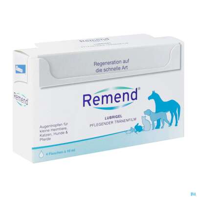 Sie sehen eine Packung Veterinaerprodukte Remend/lubrigel Tropfen 10ml 4st, Produktbild: 02 Veterinaerprodukte Remend/lubrigel Tropfen 10ml 4st, A-Nr.: 4297184 - 02