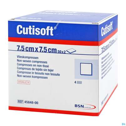 Sie sehen eine Packung Vlieskompressen Leukopl Compress Steril 7,5x 7,5cm 50x2 100st, Produktbild: 01 Vlieskompressen Leukopl Compress Steril 7,5x 7,5cm 50x2 100st, A-Nr.: 2996268 - 01