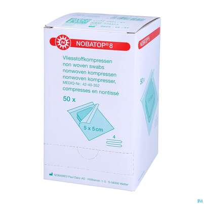 Sie sehen eine Packung Vlieskompressen Nobatop Steril 4fach 5x 5cm 50x2 100st, Produktbild: 02 Vlieskompressen Nobatop Steril 4fach 5x 5cm 50x2 100st, A-Nr.: 5381225 - 02