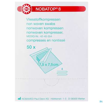 Sie sehen eine Packung Vlieskompressen Nobatop Steril 4fach 7,5x 7,5cm 50x2 100st, Produktbild: 01 Vlieskompressen Nobatop Steril 4fach 7,5x 7,5cm 50x2 100st, A-Nr.: 2336218 - 01