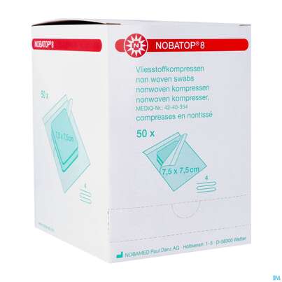 Sie sehen eine Packung Vlieskompressen Nobatop Steril 4fach 7,5x 7,5cm 50x2 100st, Produktbild: 02 Vlieskompressen Nobatop Steril 4fach 7,5x 7,5cm 50x2 100st, A-Nr.: 2336218 - 02