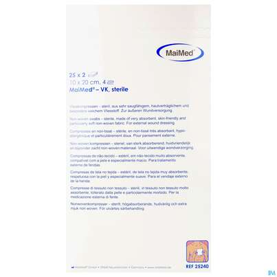 Sie sehen eine Packung Vlieskompressen Steril 4fach 10x 20cm 25240 25x2 50st, Produktbild: 01 Vlieskompressen Steril 4fach 10x 20cm 25240 25x2 50st, A-Nr.: 4800370 - 01
