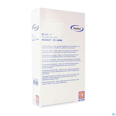 Sie sehen eine Packung Vlieskompressen Steril 4fach 10x 20cm 25240 25x2 50st, Produktbild: 02 Vlieskompressen Steril 4fach 10x 20cm 25240 25x2 50st, A-Nr.: 4800370 - 02