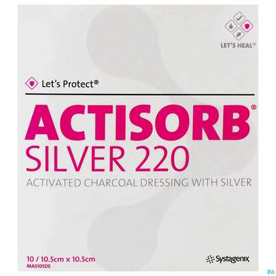 Sie sehen eine Packung Wundauflagen Actisorb/silver 220 -chemomedica Mas105 10,5x 10,5cm 10st, Produktbild: 01 Wundauflagen Actisorb/silver 220 -chemomedica Mas105 10,5x 10,5cm 10st, A-Nr.: 2380610 - 01