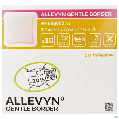 Sie sehen eine Packung Wundauflagen Allevyn Gentle Border Haftend +silikonkleber 17,5x17,5cm 10st, Produktbild: 01 Wundauflagen Allevyn Gentle Border Haftend +silikonkleber 17,5x17,5cm 10st, A-Nr.: 3748093 - 01