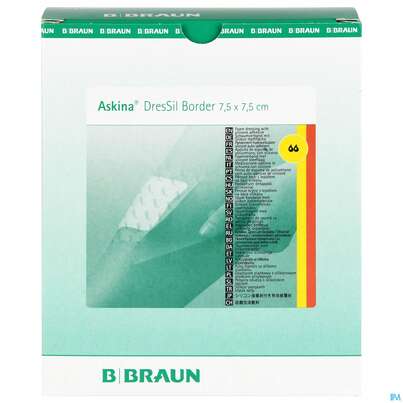 Sie sehen eine Packung Wundauflagen Askina Dressil Border 7,5x 7,5 Cm 10st, Produktbild: 01 Wundauflagen Askina Dressil Border 7,5x 7,5 Cm 10st, A-Nr.: 4276377 - 01