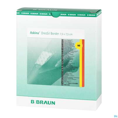 Sie sehen eine Packung Wundauflagen Askina Dressil Border 7,5x 7,5 Cm 10st, Produktbild: 02 Wundauflagen Askina Dressil Border 7,5x 7,5 Cm 10st, A-Nr.: 4276377 - 02