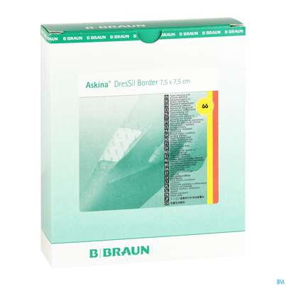 Sie sehen eine Packung Wundauflagen Askina Dressil Border 7,5x 7,5 Cm 10st, Produktbild: 03 Wundauflagen Askina Dressil Border 7,5x 7,5 Cm 10st, A-Nr.: 4276377 - 03