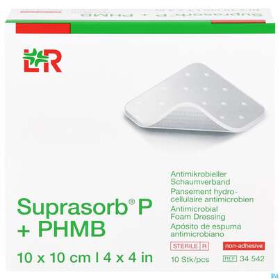 Sie sehen eine Packung Wundauflagen Suprasorb P+phmb Nkl 10x10cm 10st, Produktbild: 01 Wundauflagen Suprasorb P+phmb Nkl 10x10cm 10st, A-Nr.: 4180909 - 01