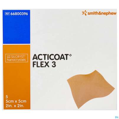 Sie sehen eine Packung Wundverband Acticoat/flexibel Flex 3 Silberverband Dehnbar 5x 5cm 5st, Produktbild: 01 Wundverband Acticoat/flexibel Flex 3 Silberverband Dehnbar 5x 5cm 5st, A-Nr.: 3385704 - 01