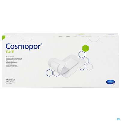 Sie sehen eine Packung Wundverband Cosmopor Steril Selbstklebend 25x 10cm 25st, Produktbild: 01 Wundverband Cosmopor Steril Selbstklebend 25x 10cm 25st, A-Nr.: 1526129 - 01