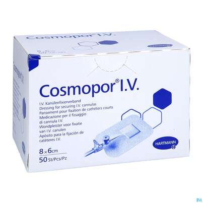 Sie sehen eine Packung Wundverband Cosmopor/i.v. Steril Selbstklebend 6cm 50st, Produktbild: 03 Wundverband Cosmopor/i.v. Steril Selbstklebend 6cm 50st, A-Nr.: 2790963 - 03