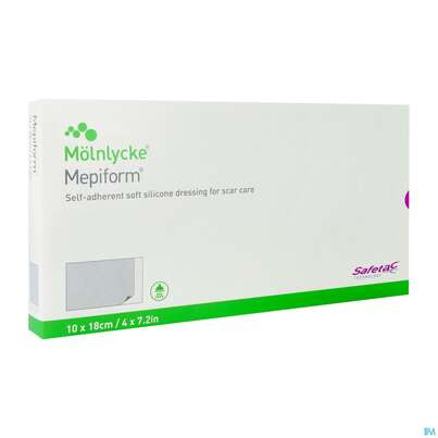 Sie sehen eine Packung Wundverband Mepiform Silikonverband Selbsthaftend 10x 18cm 5st, Produktbild: 02 Wundverband Mepiform Silikonverband Selbsthaftend 10x 18cm 5st, A-Nr.: 2211793 - 02