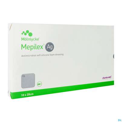 Sie sehen eine Packung Wundverband Mepilex Silikon Ag 10x 20cm 5st, Produktbild: 02 Wundverband Mepilex Silikon Ag 10x 20cm 5st, A-Nr.: 3627260 - 02