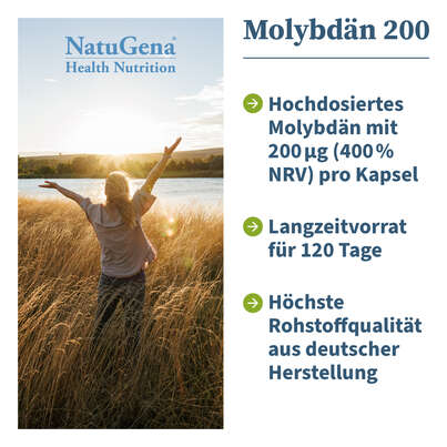 Sie sehen eine Packung NatuGena Molybdän 200 Kapseln, Produktbild: 02 NatuGena Molybdän 200 Kapseln, A-Nr.: 5877630 - 02