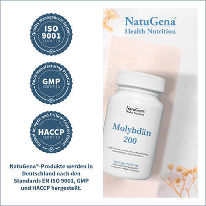 Sie sehen eine Packung NatuGena Molybdän 200 Kapseln, Produktbild: 06 NatuGena Molybdän 200 Kapseln, A-Nr.: 5877630 - 06