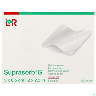 Sie sehen eine Packung Suprasorb Steril G Gel-kompresse 5x 6,5cm 5st, Produktbild: 01 Suprasorb Steril G Gel-kompresse 5x 6,5cm 5st, A-Nr.: 4346132 - 01