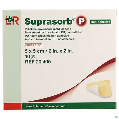 Sie sehen eine Packung Schaumverband Pu-suprasorb Steril P Nichtklebend 5x 5cm 10st, Produktbild: 01 Schaumverband Pu-suprasorb Steril P Nichtklebend 5x 5cm 10st, A-Nr.: 2575555 - 01