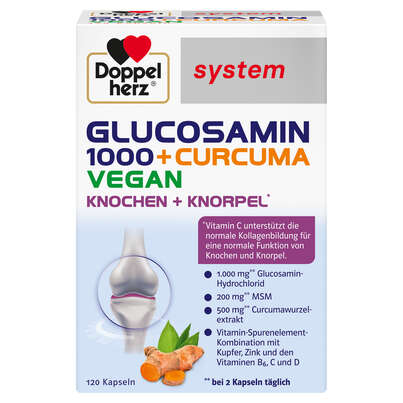 Sie sehen eine Packung Doppelherz system Glucosamin 1000 + Curcuma Vegan, Produktbild: 01 Doppelherz system Glucosamin 1000 + Curcuma Vegan, A-Nr.: 5689006 - 01