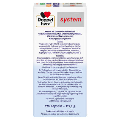 Sie sehen eine Packung Doppelherz system Glucosamin 1000 + Curcuma Vegan, Produktbild: 03 Doppelherz system Glucosamin 1000 + Curcuma Vegan, A-Nr.: 5689006 - 03