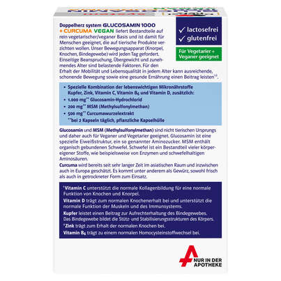 Sie sehen eine Packung Doppelherz system Glucosamin 1000 + Curcuma Vegan, Produktbild: 04 Doppelherz system Glucosamin 1000 + Curcuma Vegan, A-Nr.: 5689006 - 04