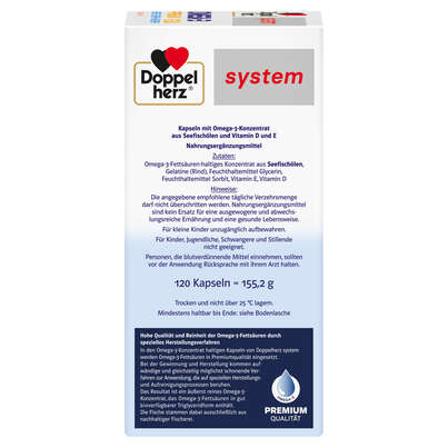 Sie sehen eine Packung Doppelherz system OMEGA-3 PREMIUM 1500 HERZ + GEHIRN + ABWEHR, Produktbild: 03 Doppelherz system OMEGA-3 PREMIUM 1500 HERZ + GEHIRN + ABWEHR, A-Nr.: 5677397 - 03