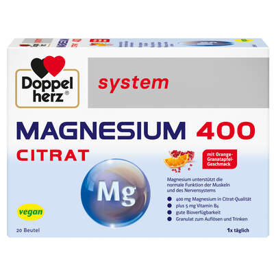 Sie sehen eine Packung Doppelherz system MAGNESIUM 400 CITRAT Trinkgranulat, Produktbild: 01 Doppelherz system MAGNESIUM 400 CITRAT Trinkgranulat, A-Nr.: 4137173 - 01